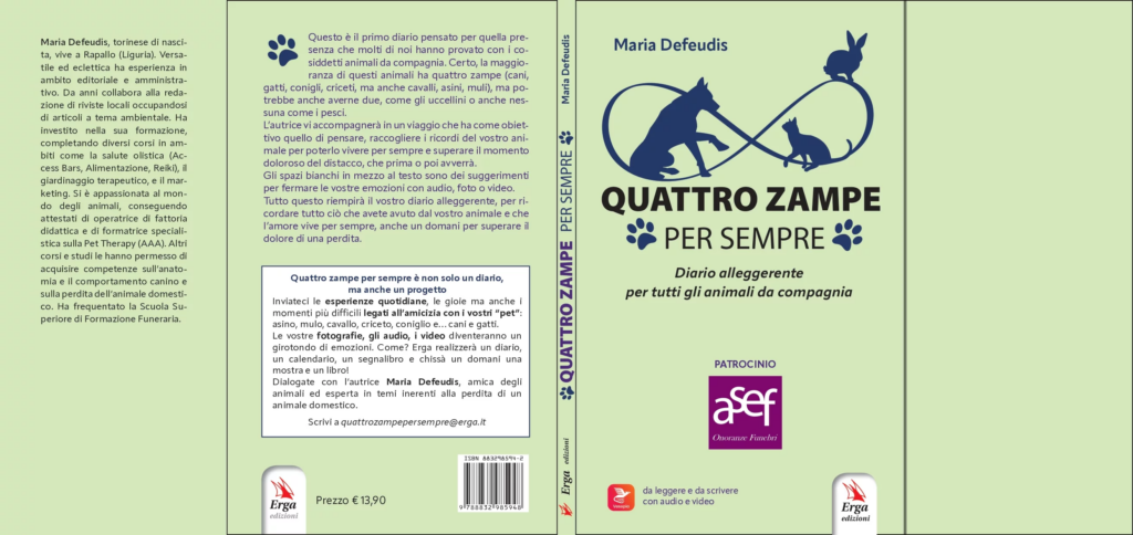 Copertina e retro del libro “Quattro zampe per sempre” di Maria Defeudis, con il logo A.Se.F.