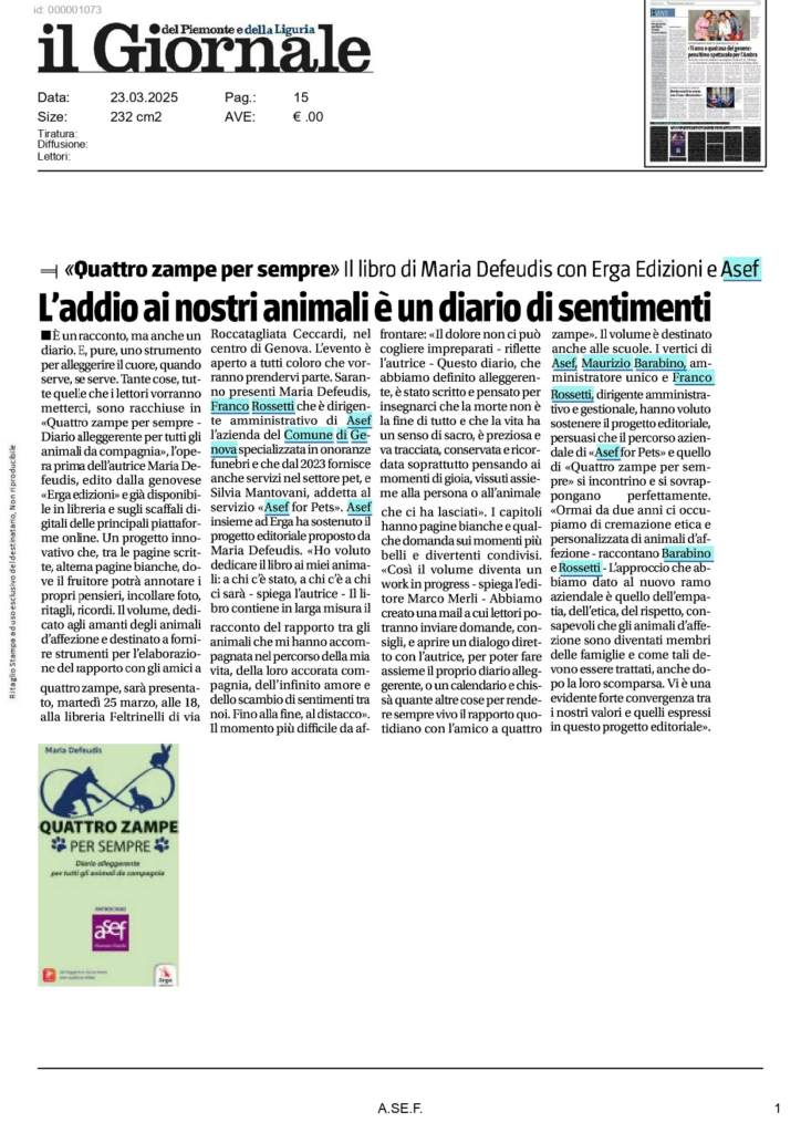 Articolo del Giornale sul diario di Maria Defeudis dedicato al legame con gli animali da compagnia.
