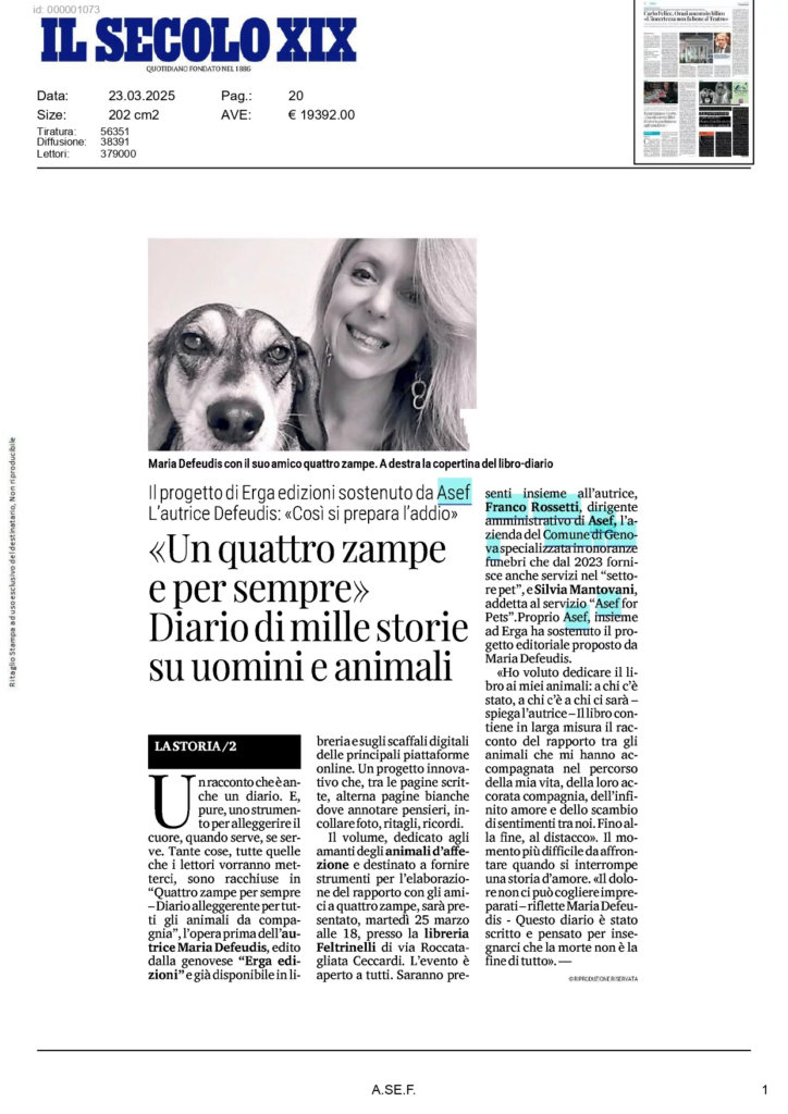 Articolo del Secolo XIX sul libro “Quattro zampe per sempre”, sostenuto da A.Se.F.