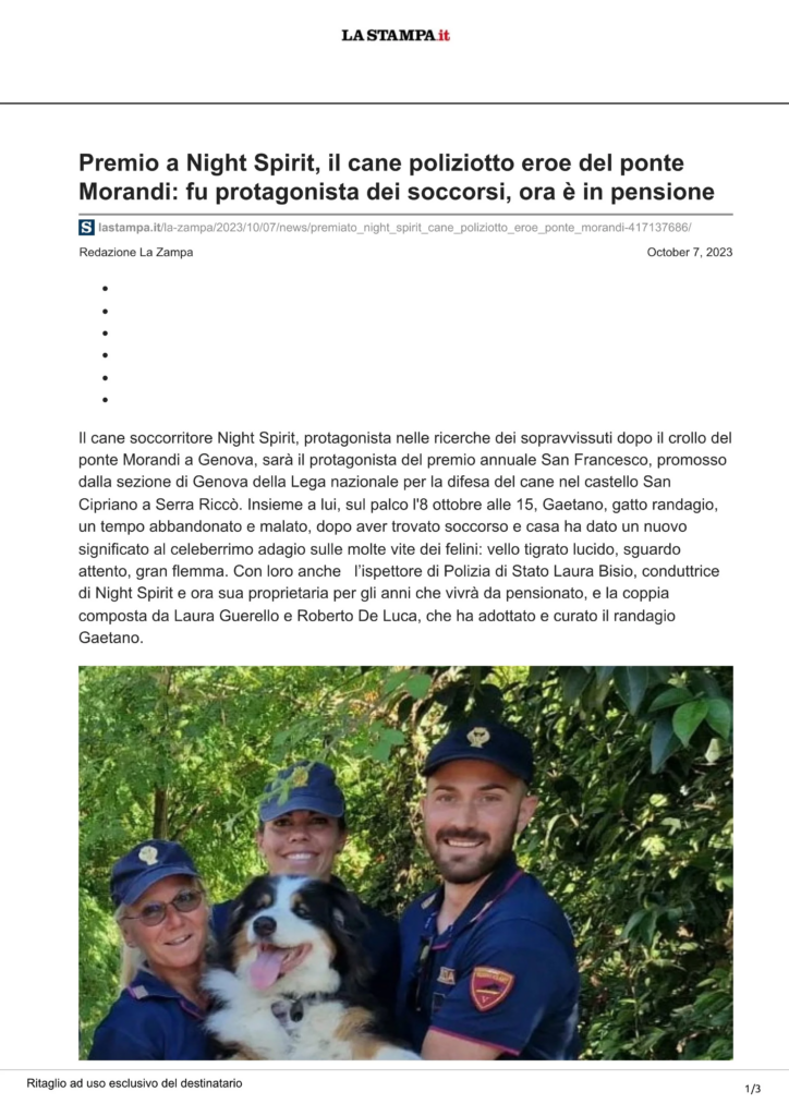 Articolo de La Stampa sul premio San Francesco al cane poliziotto Night Spirit.