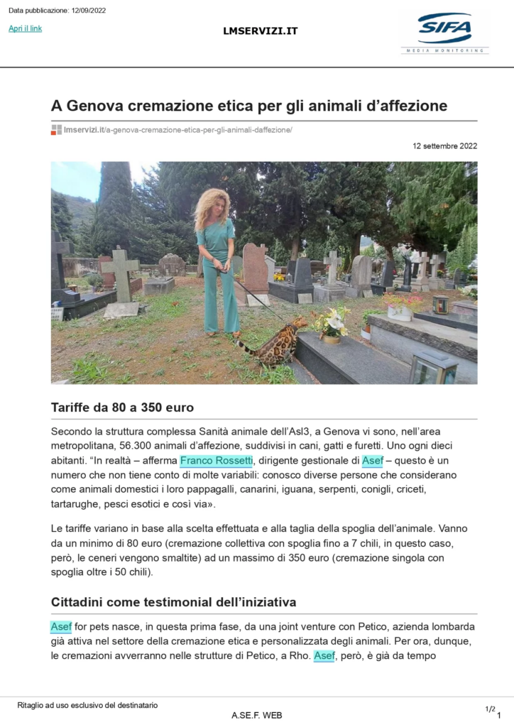 Articolo di LMServizi.it su A.Se.F. for Pets, con una fotografia di una donna e un gatto in un cimitero.
