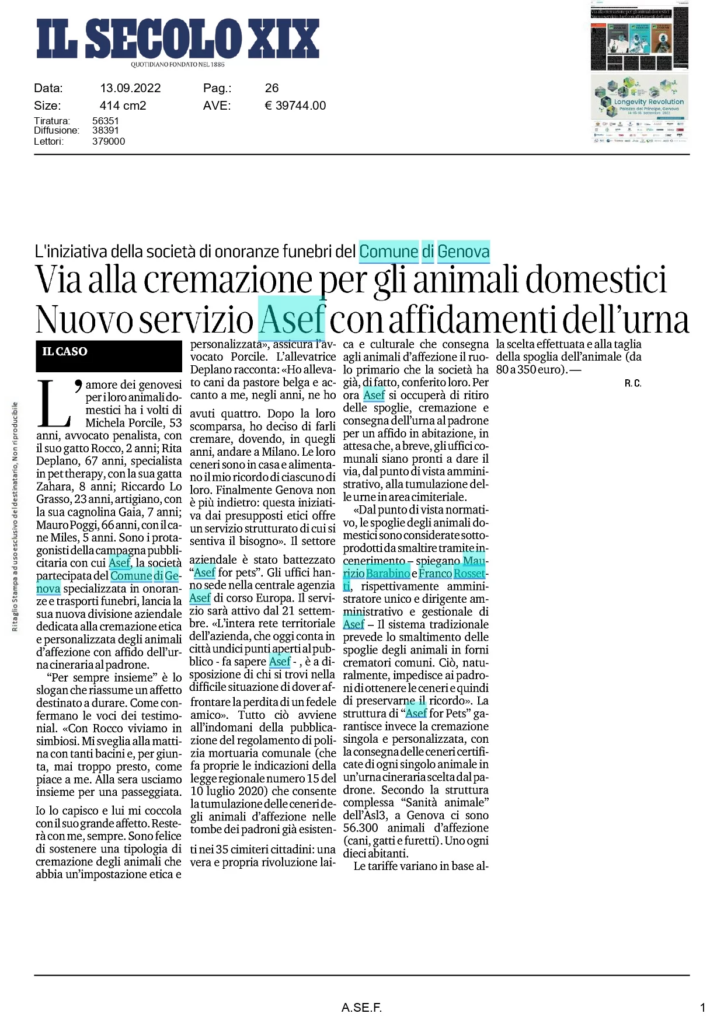 Articolo del Secolo XIX sul lancio di A.Se.F. for Pets, dedicato alla cremazione degli animali da compagnia.