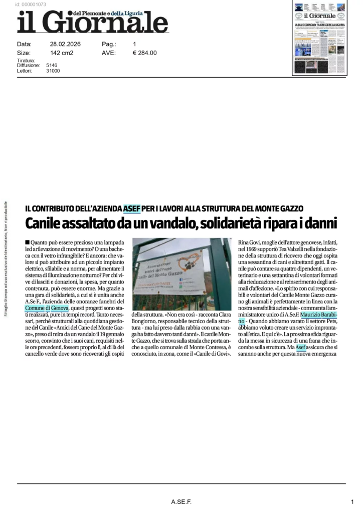 Articolo del Giornale sul contributo di A.Se.F. al ripristino del canile Monte Gazzo dopo i danneggiamenti.