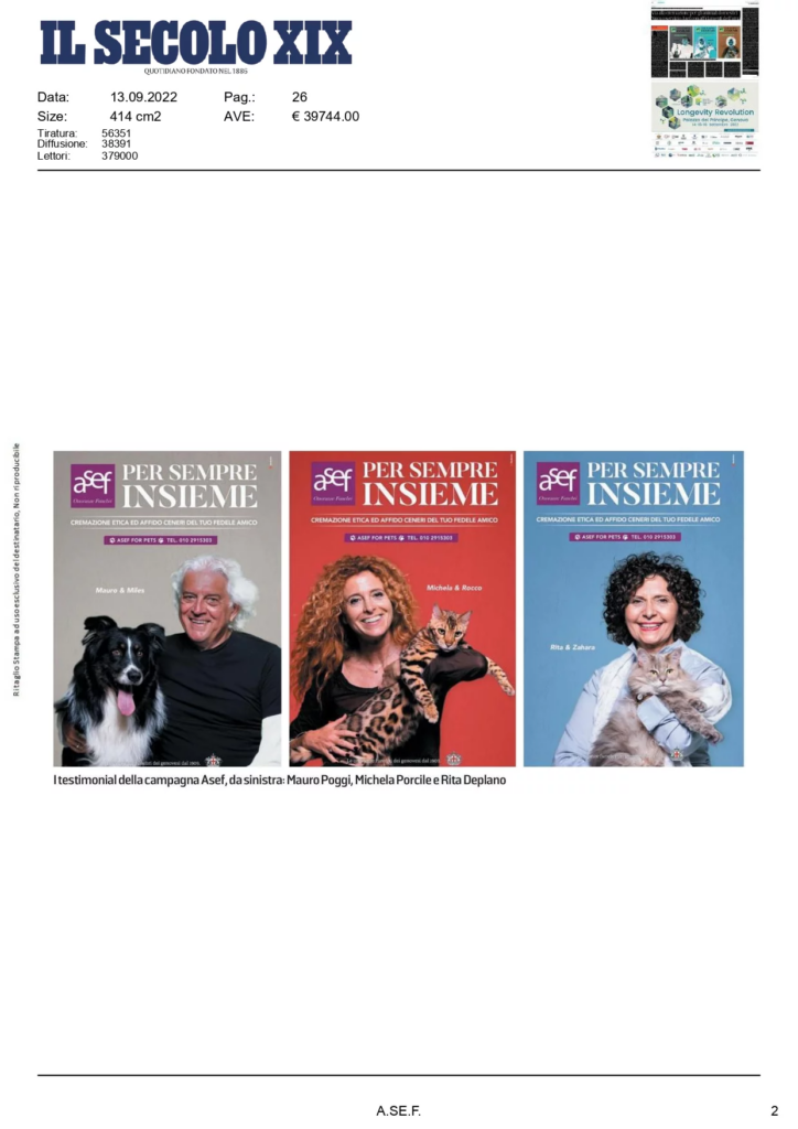 Pagina del Secolo XIX con la campagna A.Se.F. for Pets “Per sempre insieme”: tre persone ritratte con i loro animali.