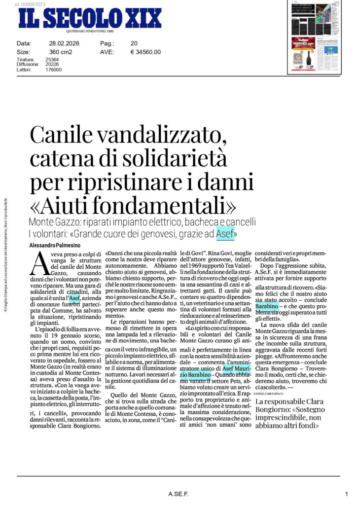 Articolo del Secolo XIX sulla gara di solidarietà dei genovesi e di A.Se.F. per il canile Monte Gazzo.