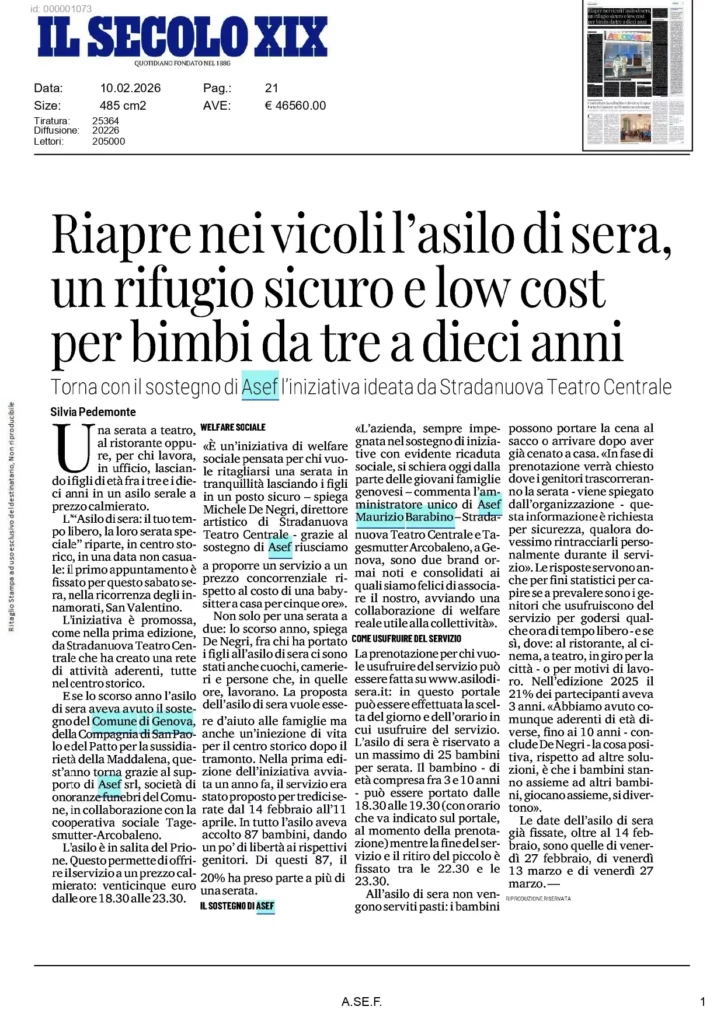 Articolo del Secolo XIX sulla riapertura di Asilo di Sera per bambini dai 3 ai 10 anni.