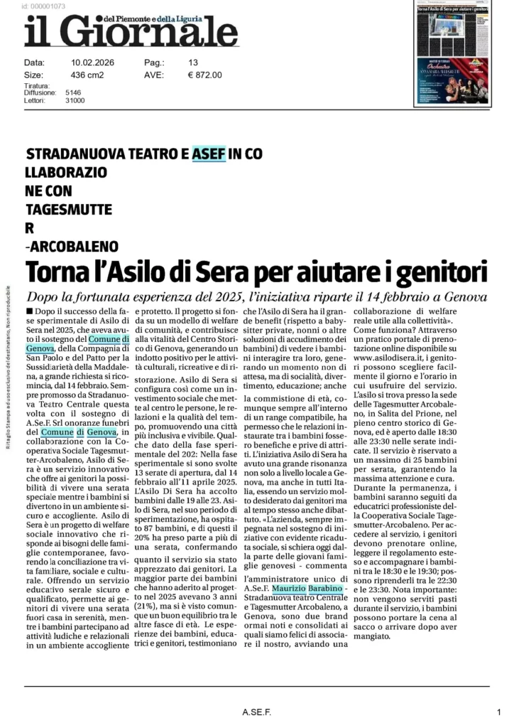 Articolo del Giornale sul ritorno di Asilo di Sera per le famiglie genovesi, con il sostegno di A.Se.F.