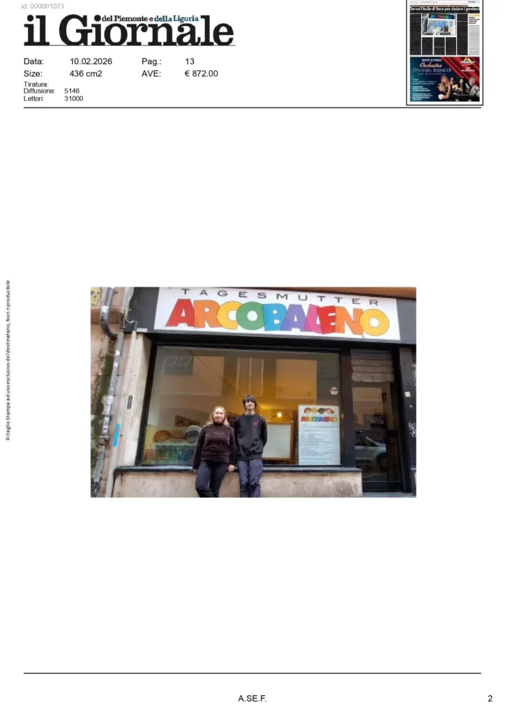 Pagina del Giornale con una fotografia dell’ingresso della cooperativa Tagesmutter Arcobaleno.