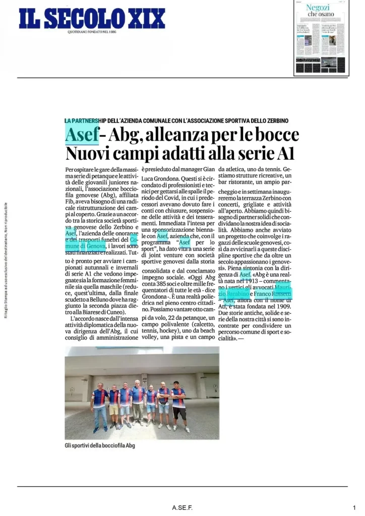 Articolo del Secolo XIX sulla ristrutturazione dei campi da pétanque dell’ABG grazie al sostegno di A.Se.F.