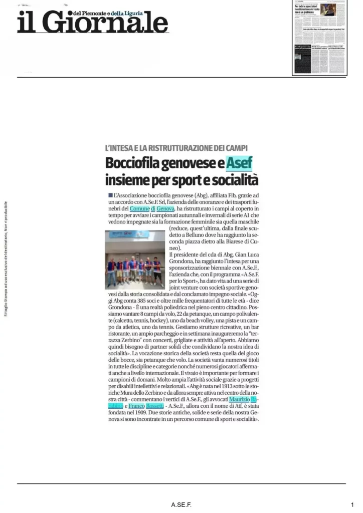 Articolo del Giornale sull’accordo tra A.Se.F. e l’Associazione Bocciofila Genovese a sostegno dello sport.