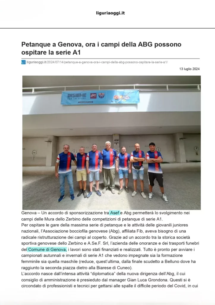 Articolo sui campi dell’ABG rinnovati per la serie A1 di pétanque, con una fotografia della squadra.