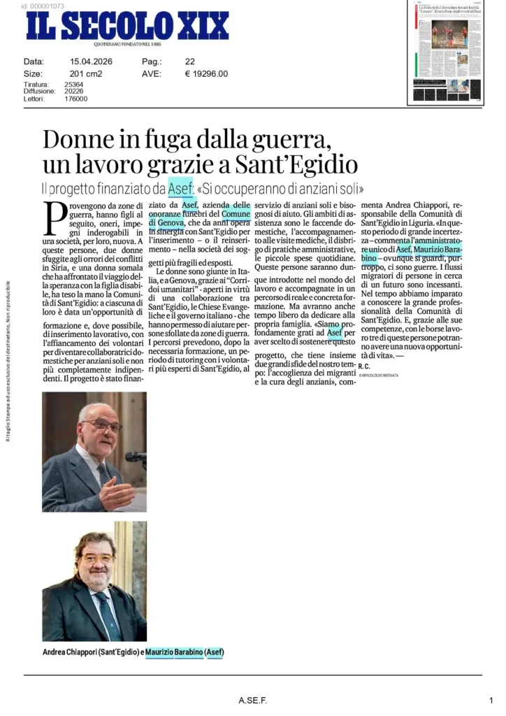 Articolo del Secolo XIX sul progetto di Sant’Egidio, finanziato da A.Se.F., per offrire lavoro a donne in fuga dalla guerra.