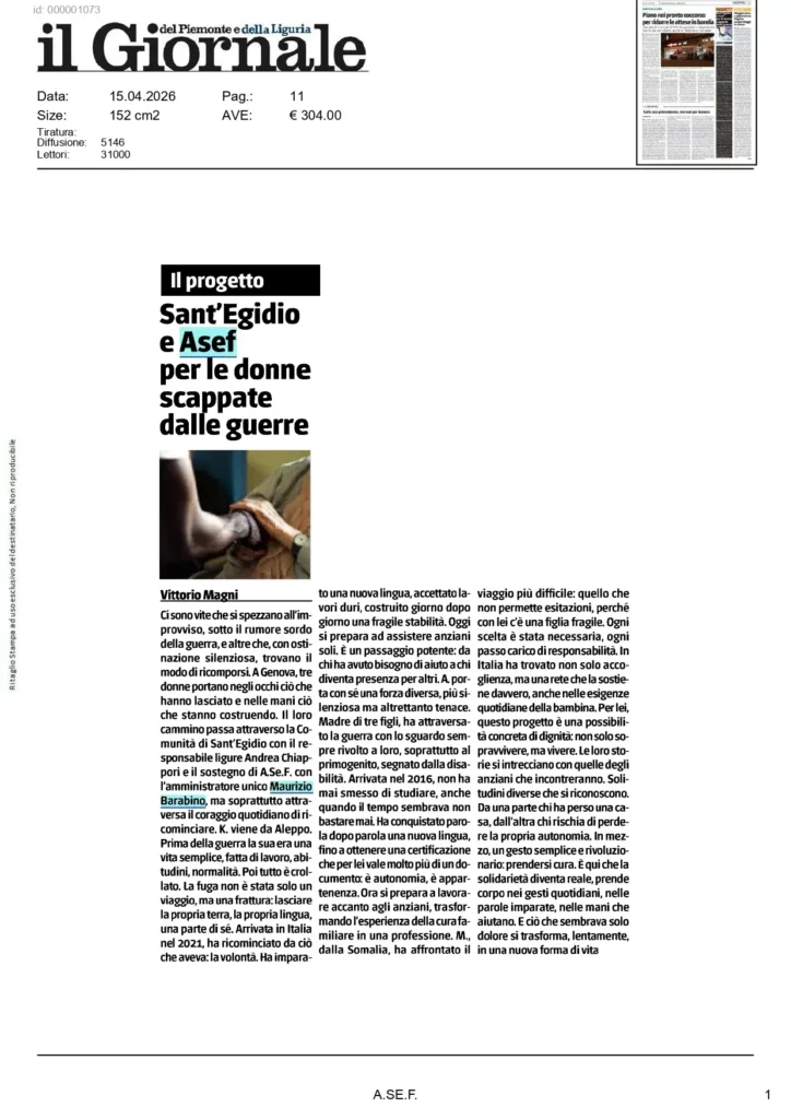 Articolo del Giornale sul progetto di Sant’Egidio e A.Se.F. a sostegno delle donne in fuga dalle guerre.