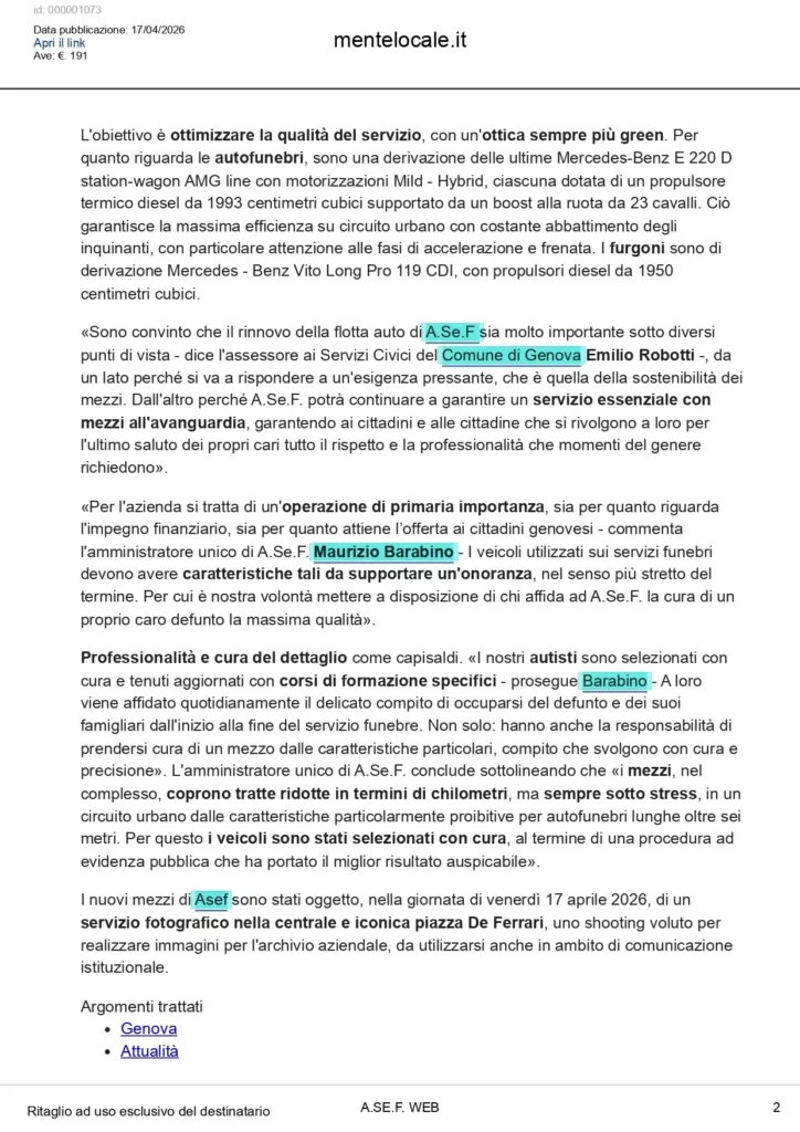 Seconda pagina dell’articolo di Mentelocale.it sul rinnovo della flotta A.Se.F., con dettagli sui veicoli e sul servizio.