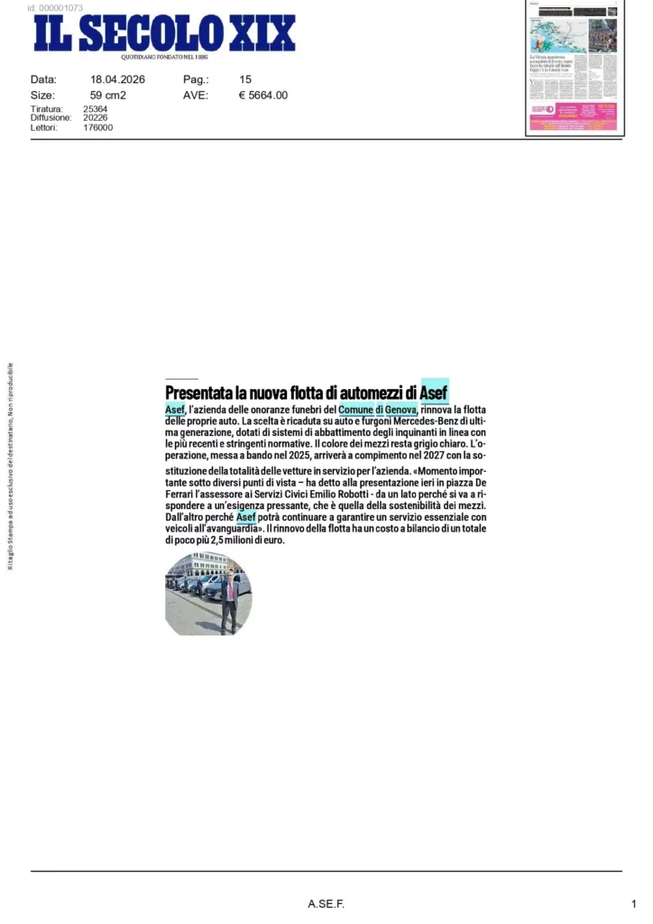 Articolo del Secolo XIX sulla presentazione delle nuove autofunebri A.Se.F.