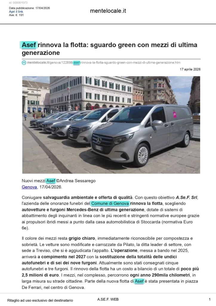 Articolo di Mentelocale.it sul rinnovo della flotta A.Se.F. con mezzi di ultima generazione.