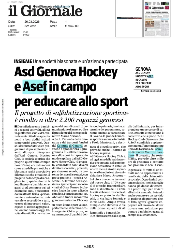 Articolo del Giornale sul progetto di Genova Hockey e A.Se.F. per educare i giovani allo sport.