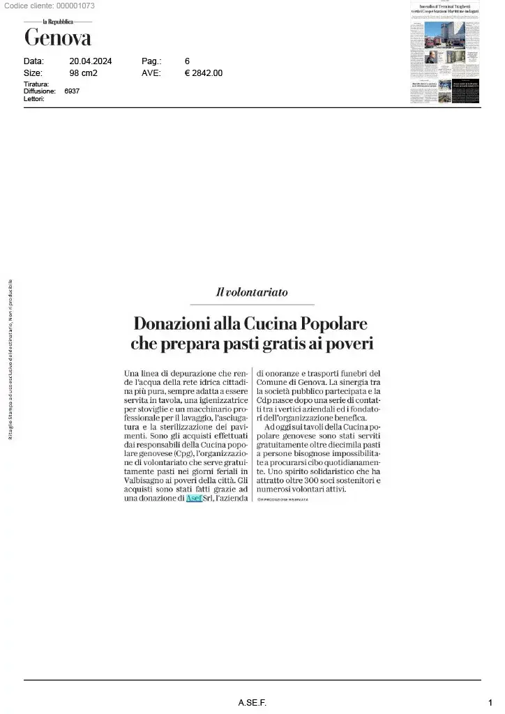 Articolo di Repubblica sulle donazioni alla Cucina Popolare Genovese per aiutare le persone in difficoltà.