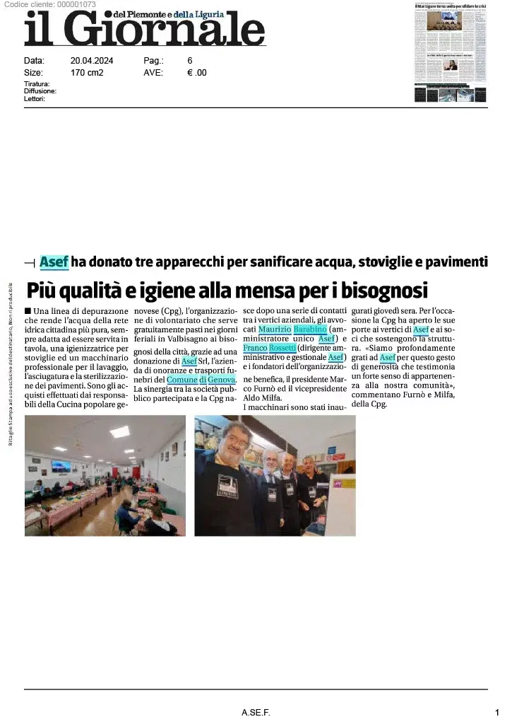 Articolo del Giornale sulle nuove attrezzature della Cucina Popolare Genovese finanziate da A.Se.F.