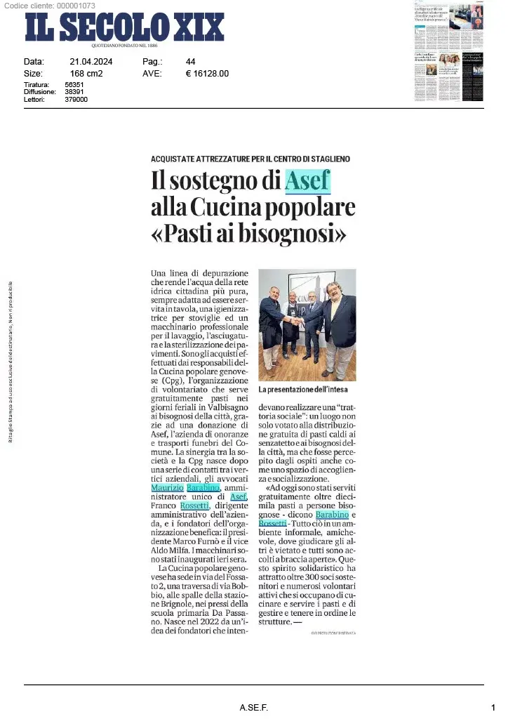 Articolo del Secolo XIX sul sostegno di A.Se.F. alla Cucina Popolare Genovese e al servizio di pasti gratuiti.