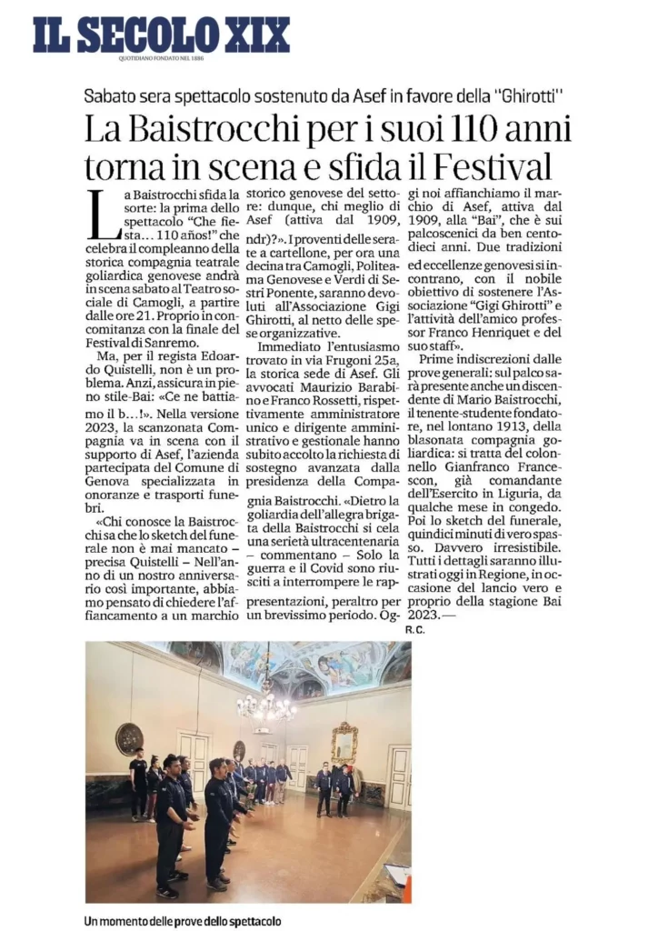 Articolo del Secolo XIX sul ritorno in scena della Baistrocchi per il suo 110º anniversario.