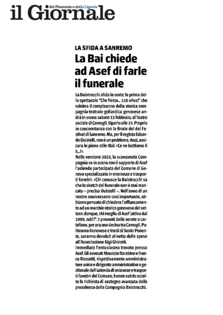 Articolo del Giornale sulla collaborazione tra A.Se.F. e la Baistrocchi per lo sketch del funerale.
