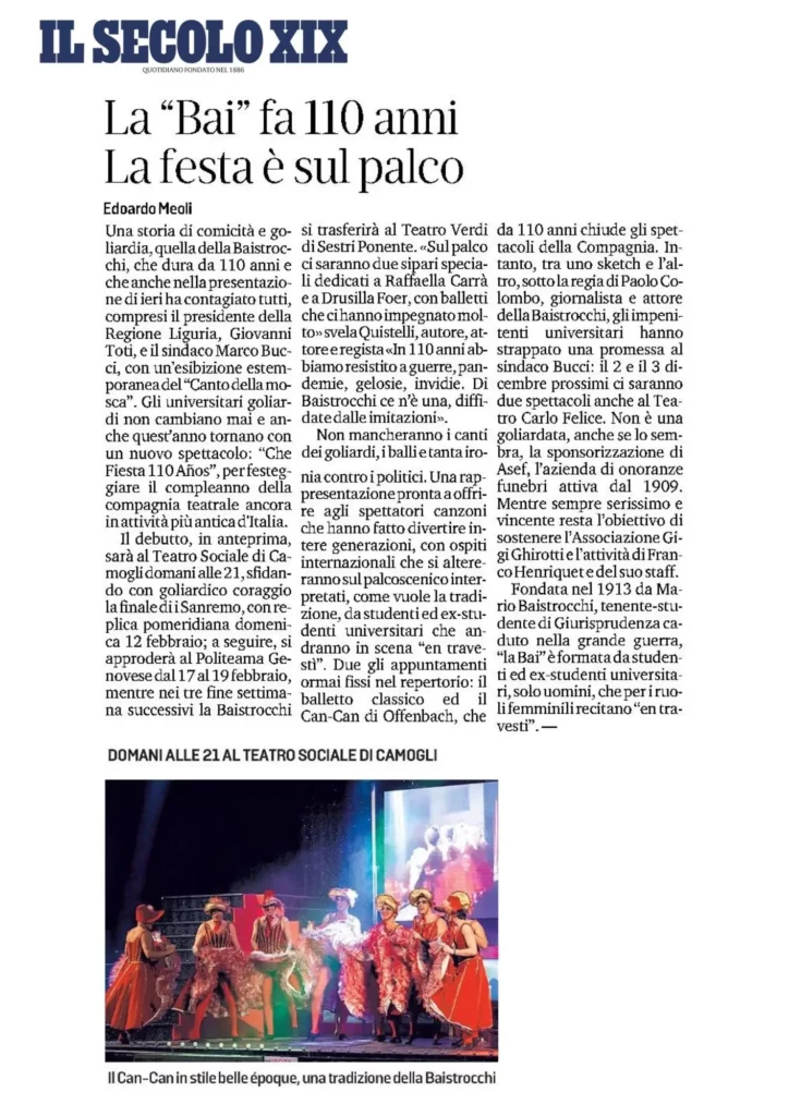 Articolo del Secolo XIX sullo spettacolo “Che fiesta… 110 años!” della compagnia Baistrocchi.