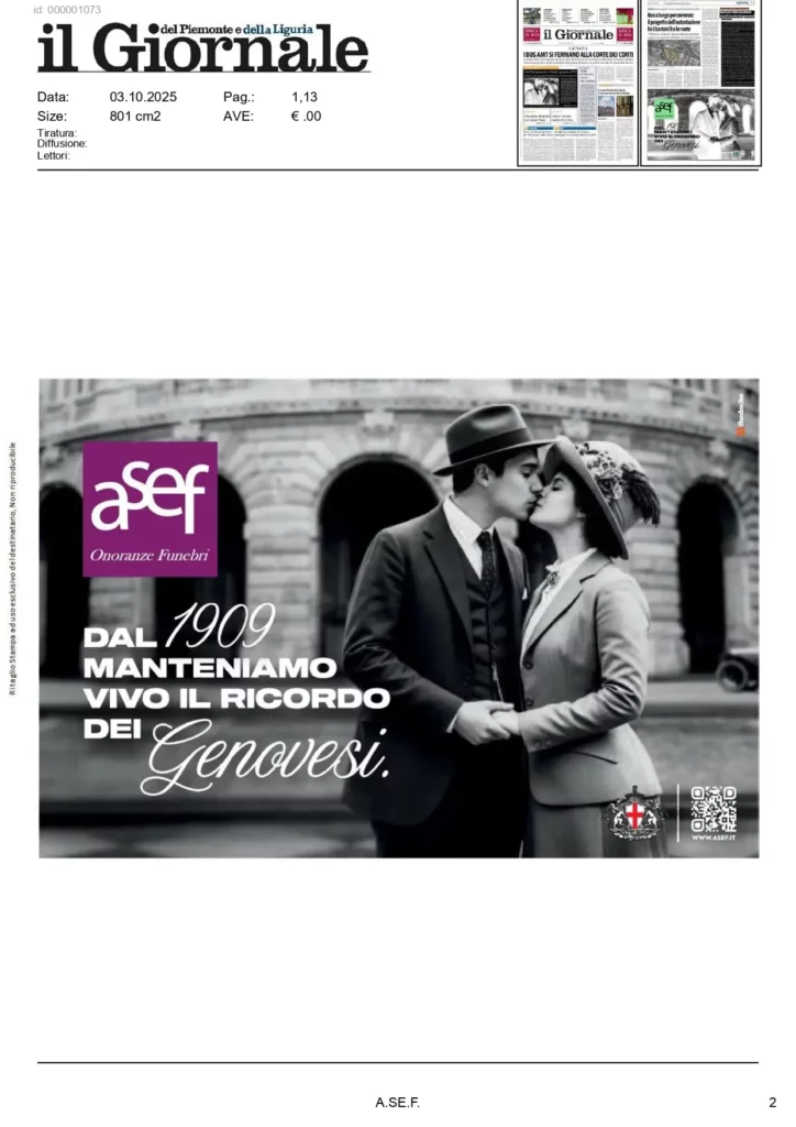 Pubblicità A.Se.F. sul Giornale: “Dal 1909 manteniamo vivo il ricordo dei Genovesi”.