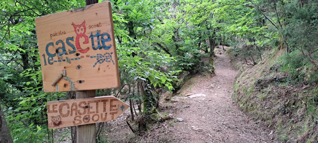 Sentiero nel bosco con segnaletica della palestra scout Le Casette.