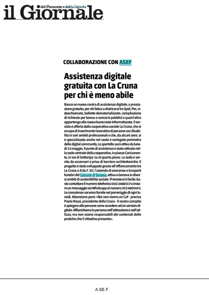 Articolo del Giornale sullo sportello gratuito di assistenza digitale de La Cruna, sostenuto da A.Se.F.