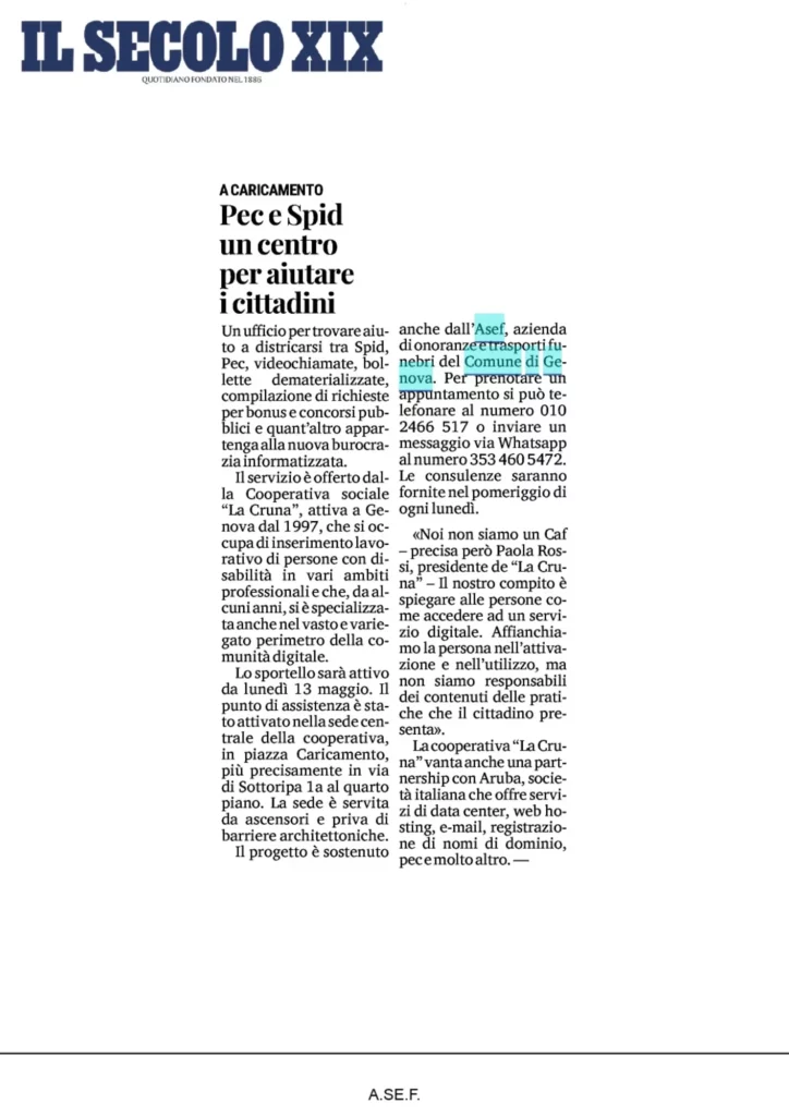 Articolo del Secolo XIX sul servizio de La Cruna per aiutare i cittadini a utilizzare SPID, PEC e servizi online.