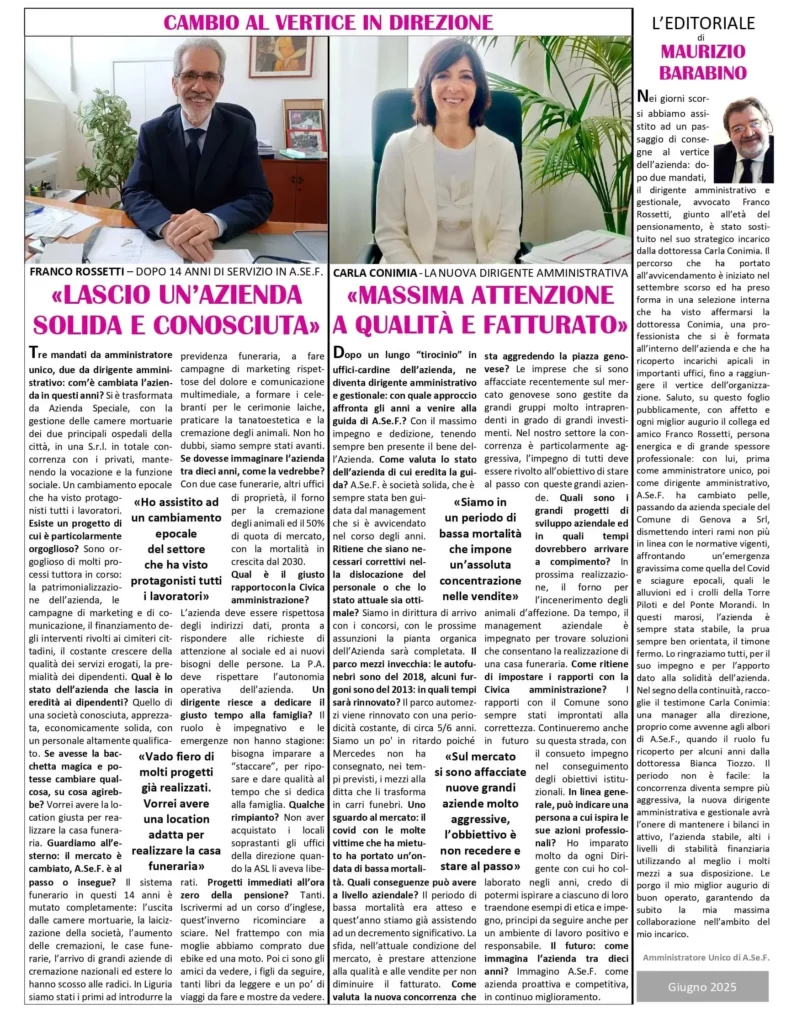 Articolo sul passaggio di consegne alla direzione di A.Se.F. da Franco Rossetti a Carla Conimia.