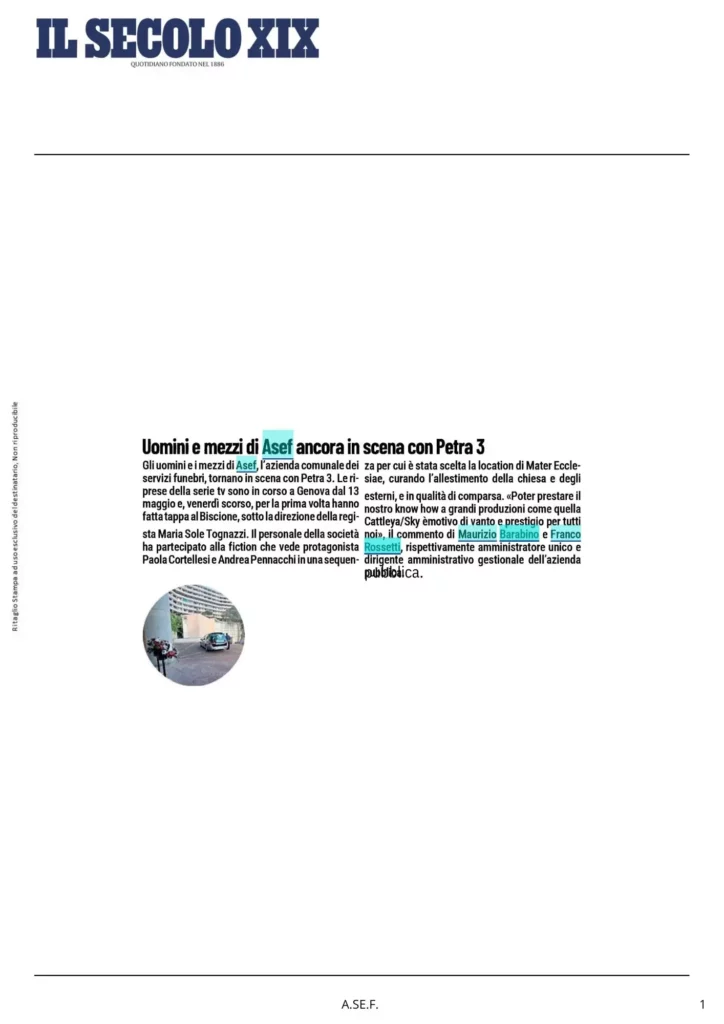 Articolo del Secolo XIX sulla partecipazione degli operatori e dei mezzi A.Se.F. alle riprese di “Petra 3”.