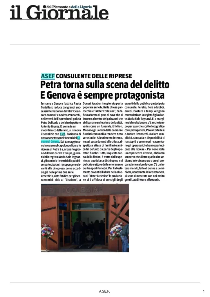 Articolo del Giornale sulle riprese di “Petra 3” a Genova e sulla collaborazione con A.Se.F.