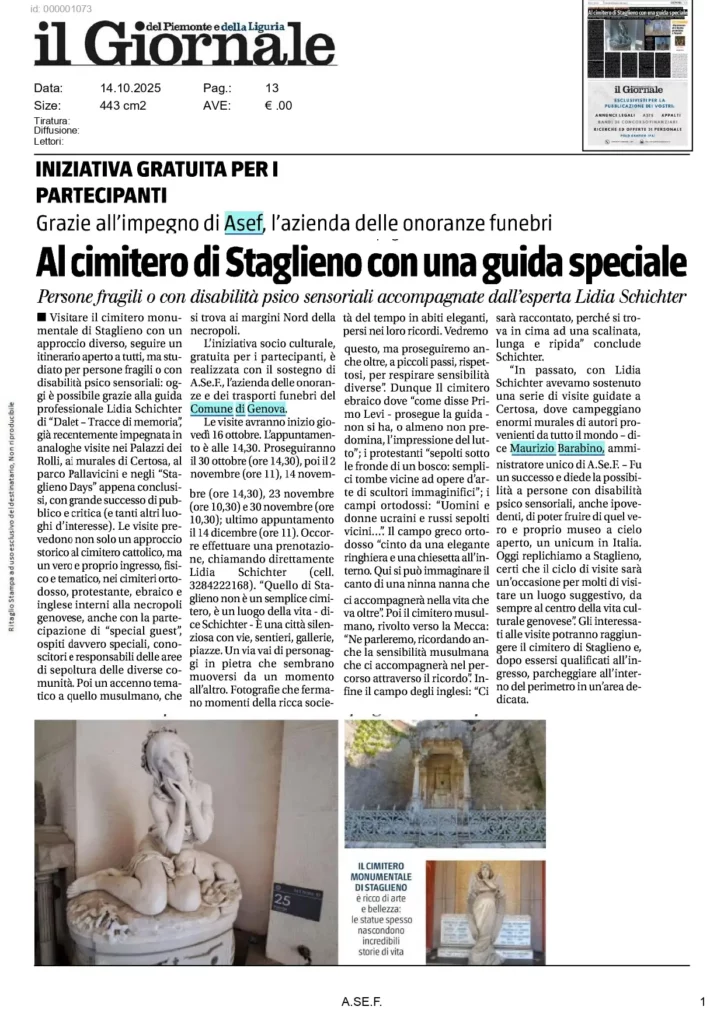 Articolo del Giornale sulle visite guidate inclusive a Staglieno sostenute da A.Se.F.