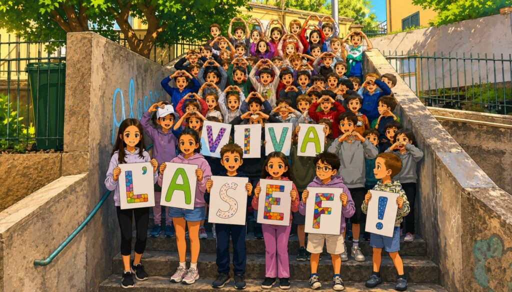 Bambini con cartelli che compongono la scritta “Viva l’ASEF!”