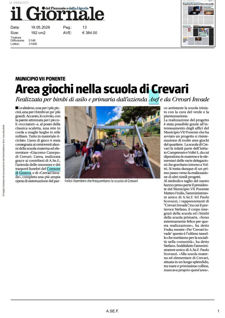Articolo del Giornale sull’area giochi della scuola di Crevari realizzata con il sostegno di A.Se.F.