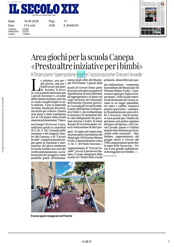 Articolo del Secolo XIX sulla nuova area giochi della scuola Canepa.