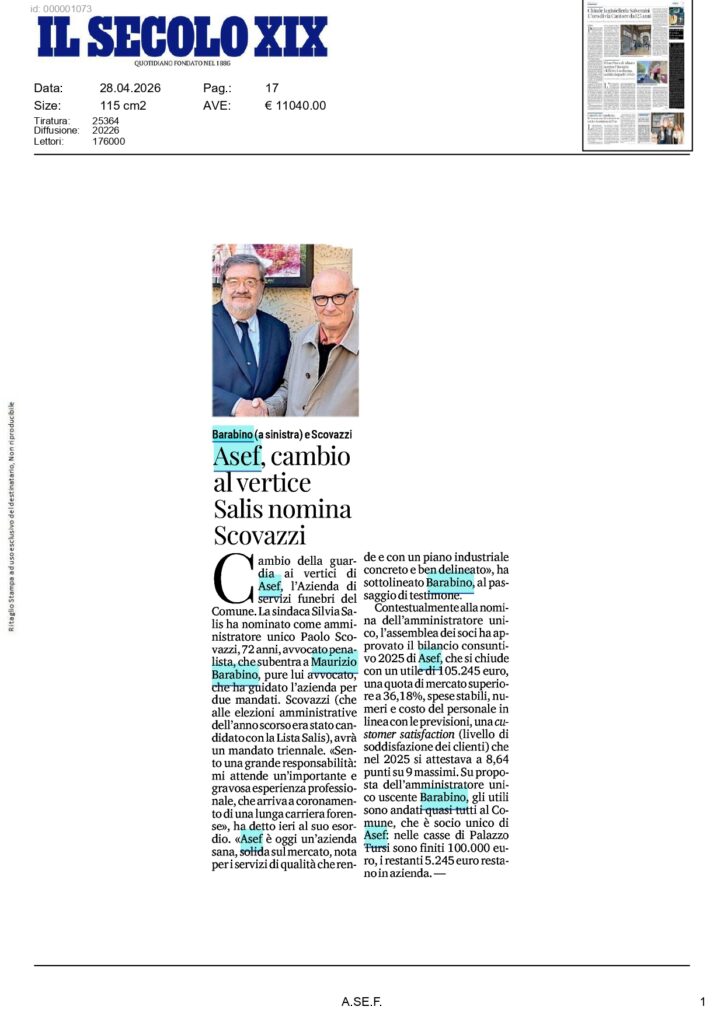 Il Secolo: Asef, cambio
al vertice
Salis nomina
Scovazzi