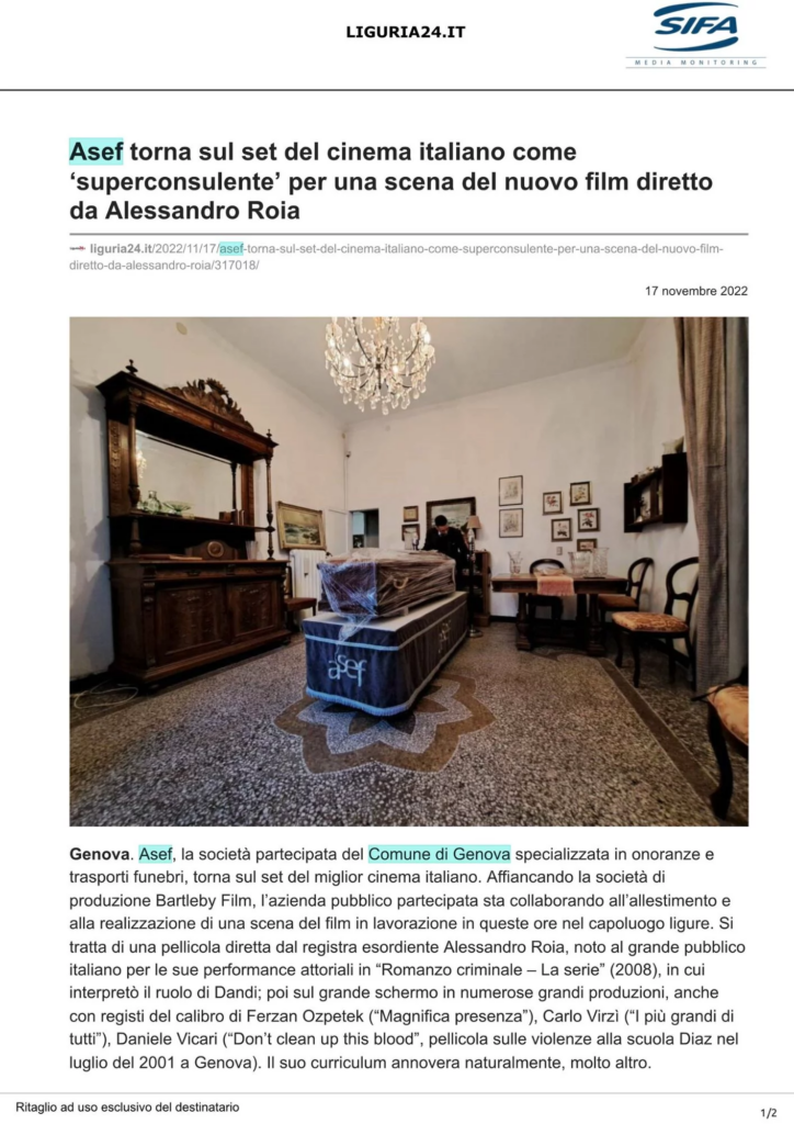 Articolo di Liguria24.it sul contributo di A.Se.F. all’allestimento di una scena funebre per il cinema.