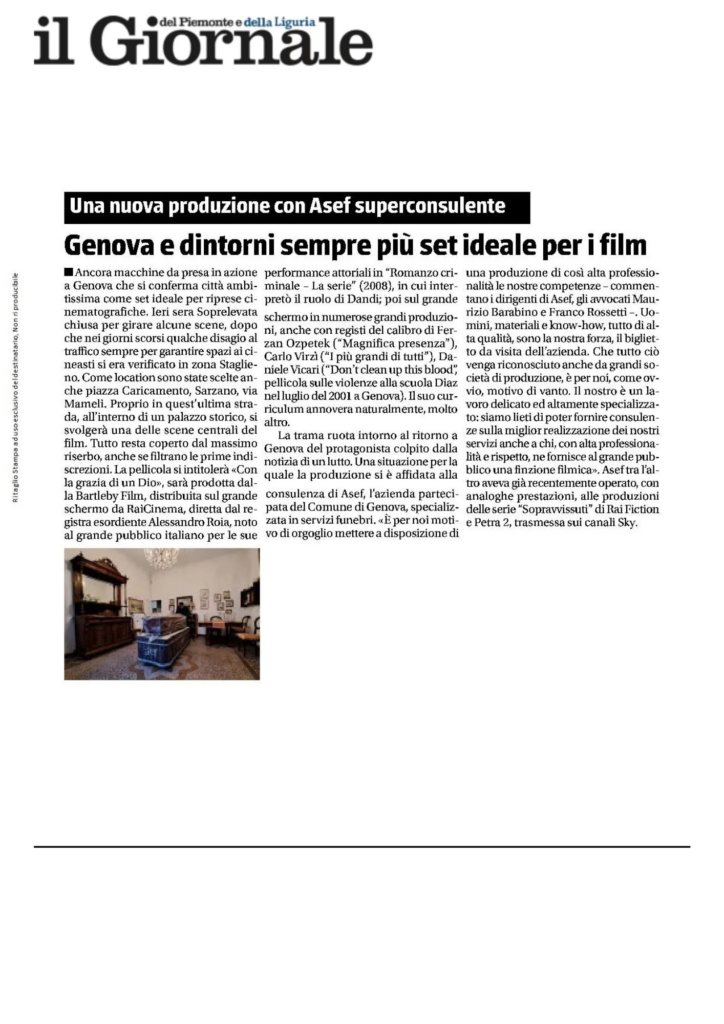 Articolo del Giornale sulle produzioni cinematografiche a Genova e sulla consulenza di A.Se.F.