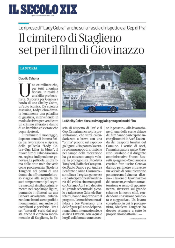 Articolo del Secolo XIX sulle riprese di “Lady Cobra” nel cimitero monumentale di Staglieno.