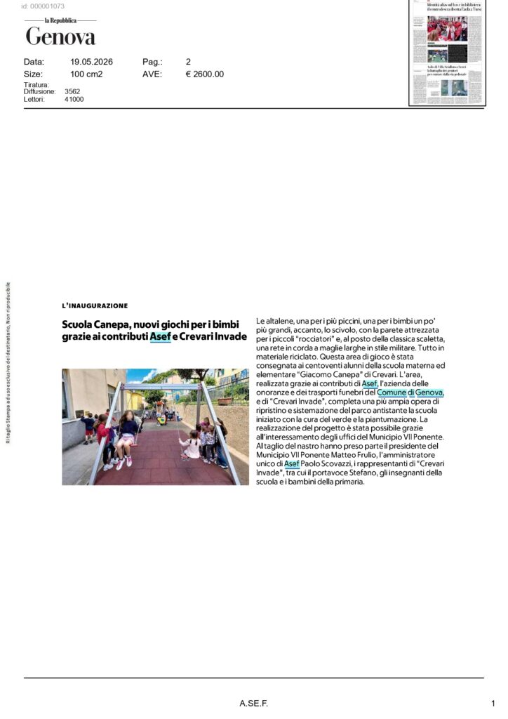 Articolo di Repubblica sui nuovi giochi della scuola Canepa finanziati da A.Se.F. e Crevari Invade.