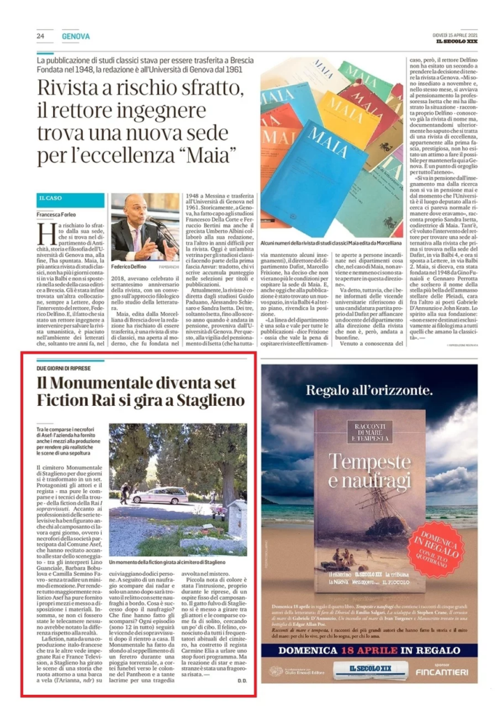 Articolo del Secolo XIX sulle riprese di una fiction Rai nel cimitero monumentale di Staglieno.