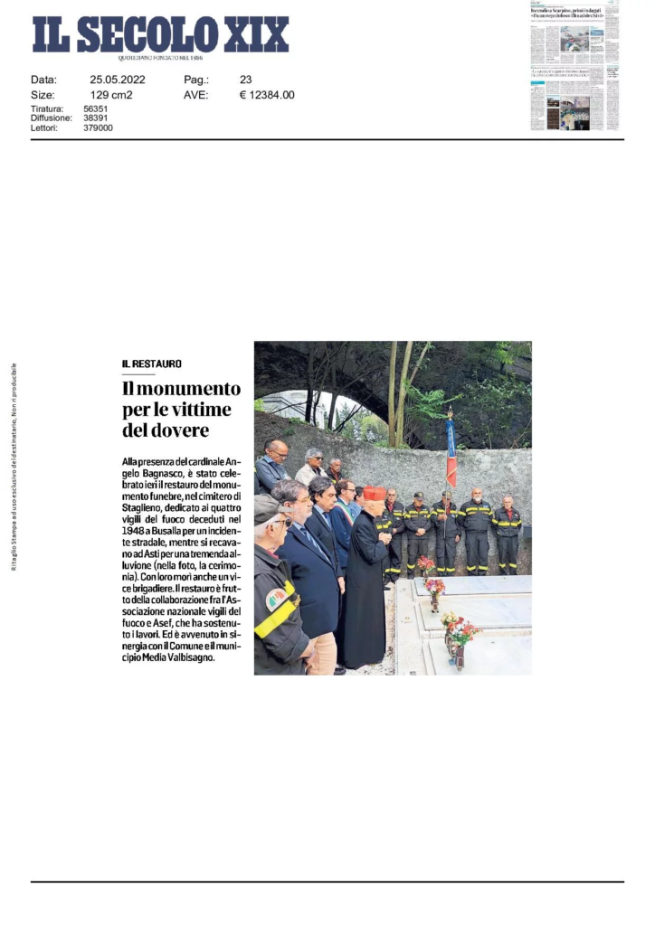 Articolo del Secolo XIX sul monumento restaurato a Staglieno, con una fotografia della cerimonia.