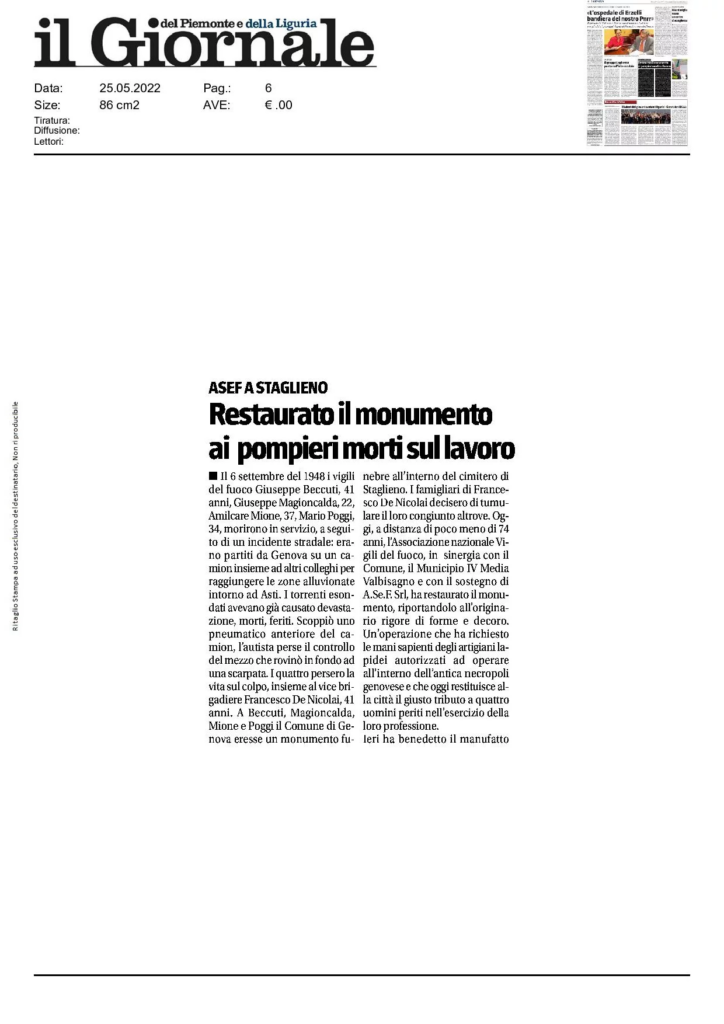 Articolo del Giornale sul restauro del monumento ai vigili del fuoco realizzato con il sostegno di A.Se.F.