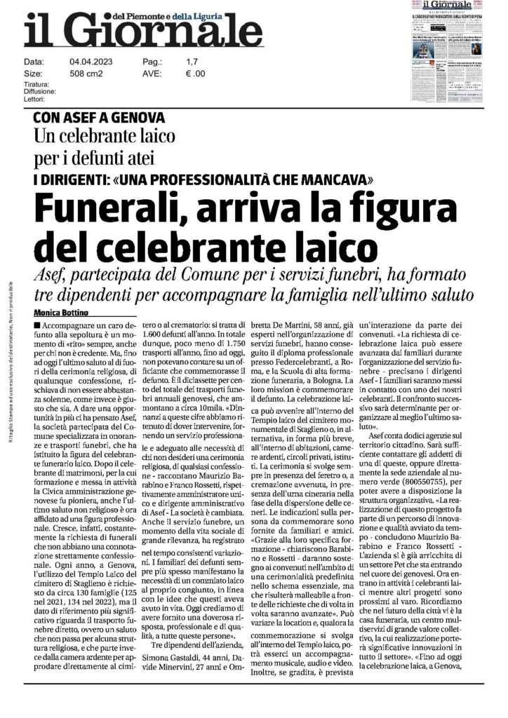 Articolo del Giornale sull’introduzione del celebrante funerario laico nei servizi A.Se.F.