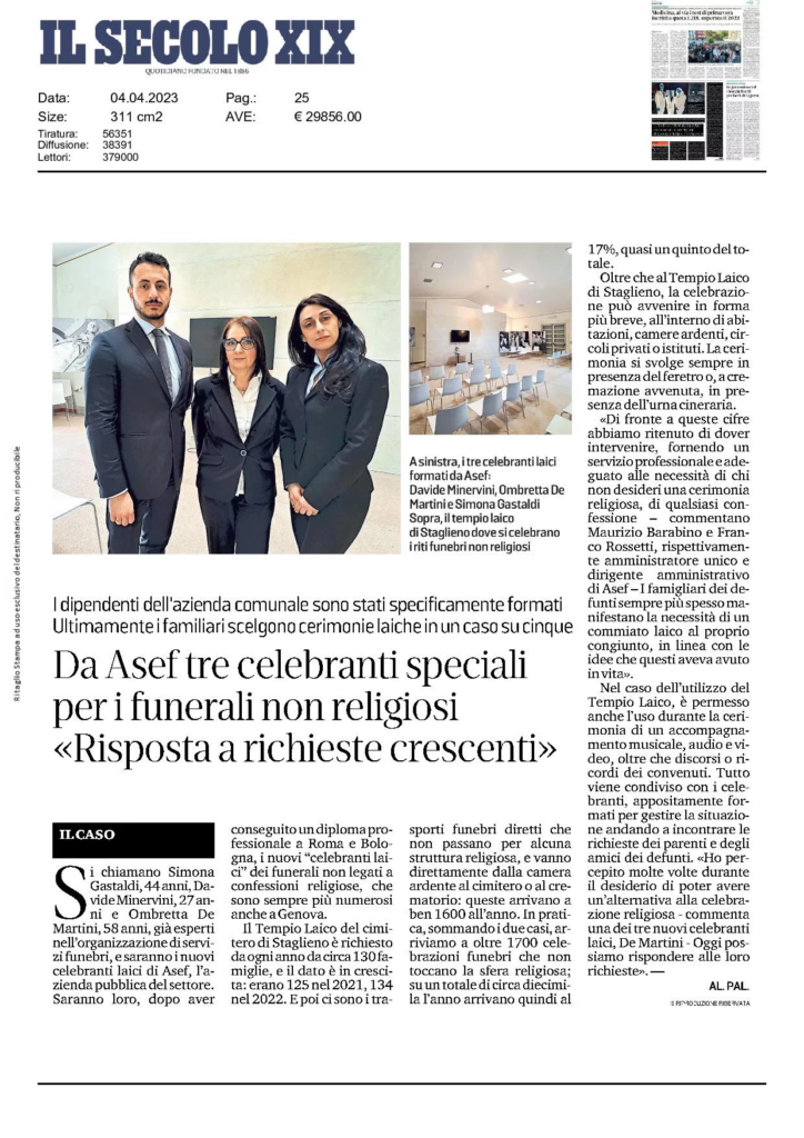 Articolo del Secolo XIX sui tre celebranti A.Se.F. per le cerimonie funebri non religiose.