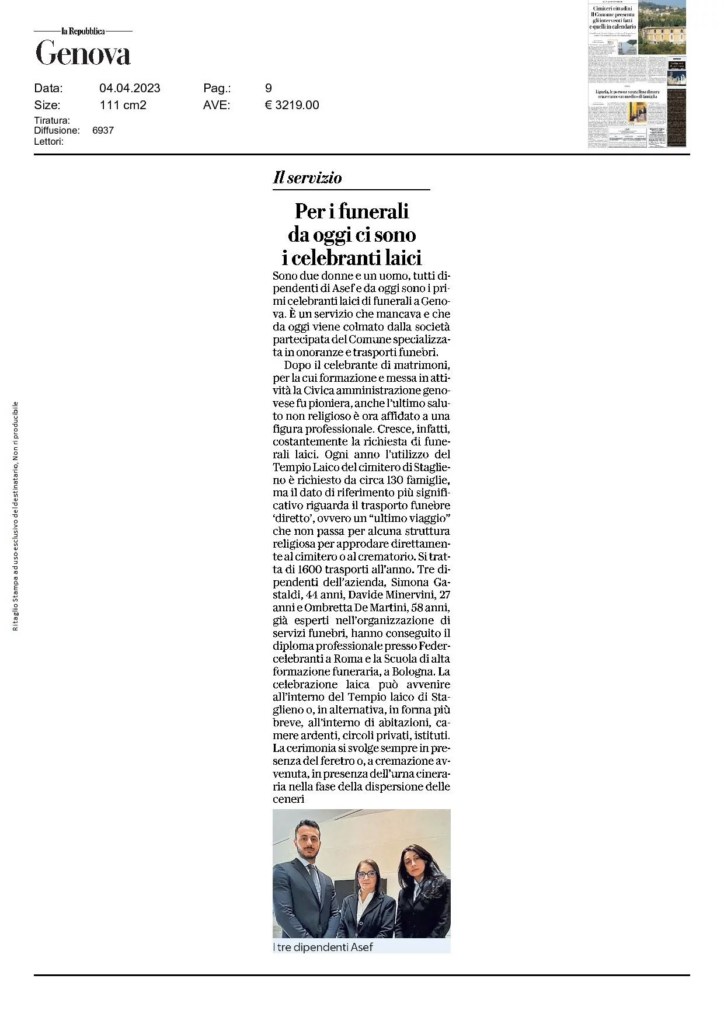 Articolo di Repubblica sul servizio di commiato laico offerto da A.Se.F. a Genova.