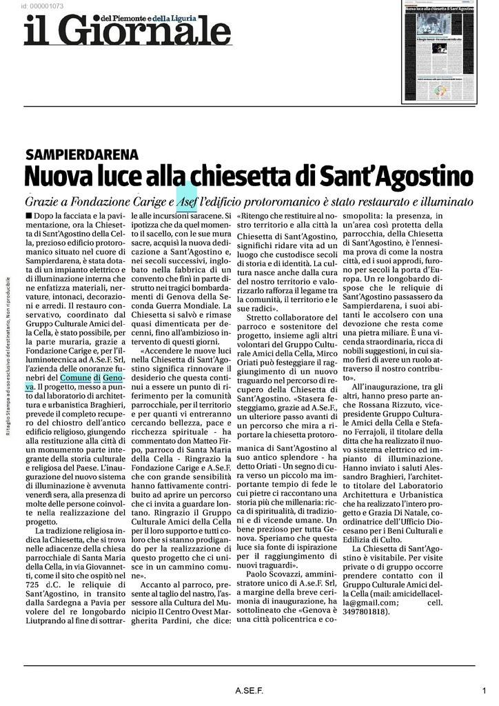 Articolo del Giornale sulla nuova illuminazione della Chiesetta di Sant’Agostino della Cella.